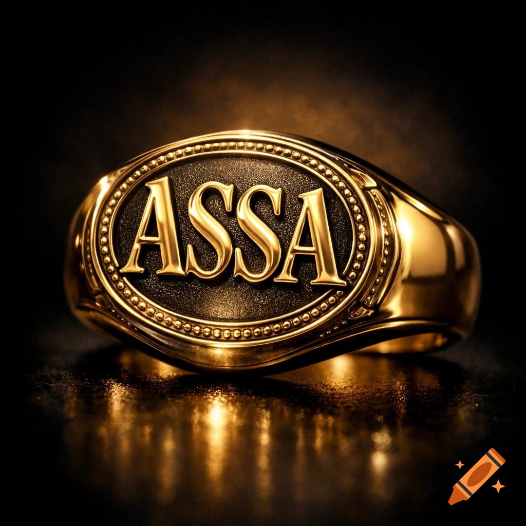 A detailed, shiny gold signet ring with the letters ASSA embossed on a dark oval surface, set against a dark background with reflections.