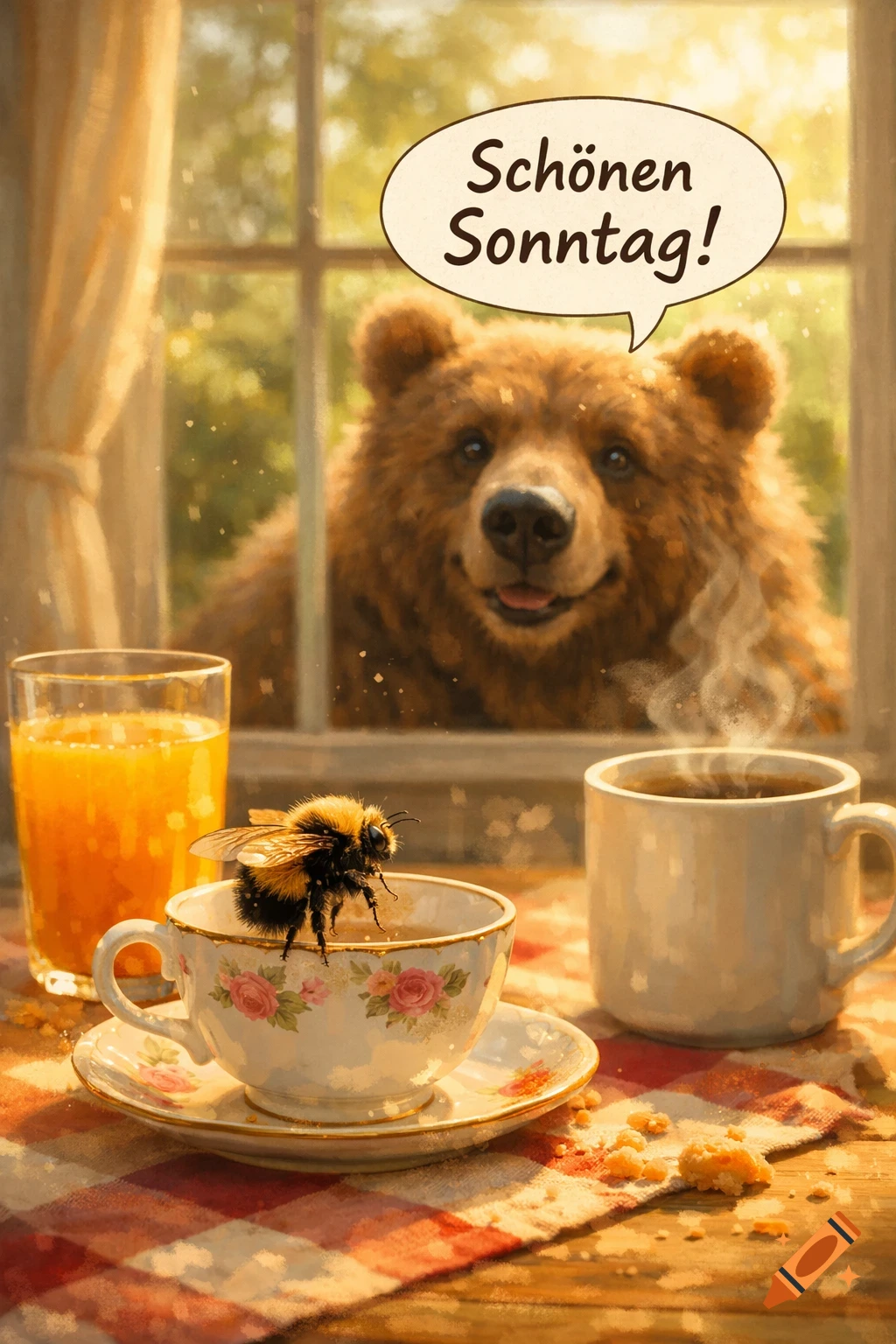 A smiling bear peers through a window at a bumblebee on a teacup, with orange juice and coffee on the table. A speech bubble says 'Schönen Sonntag!'.