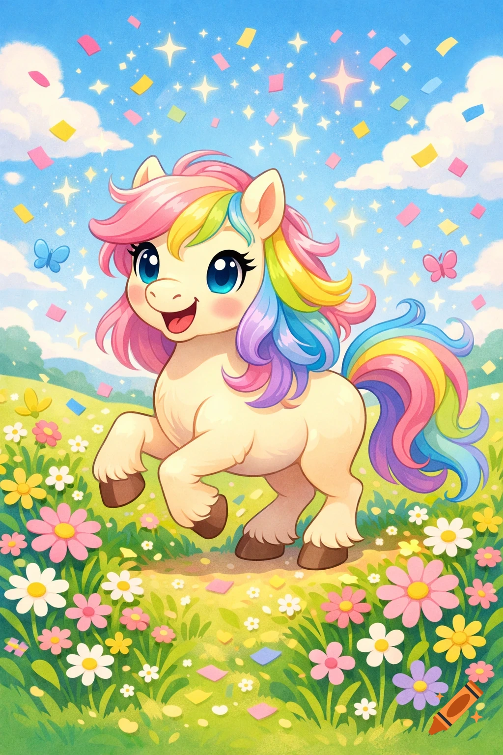 A cute cartoon pony with a rainbow mane and tail gallops through a field of colorful flowers under a blue sky with confetti.