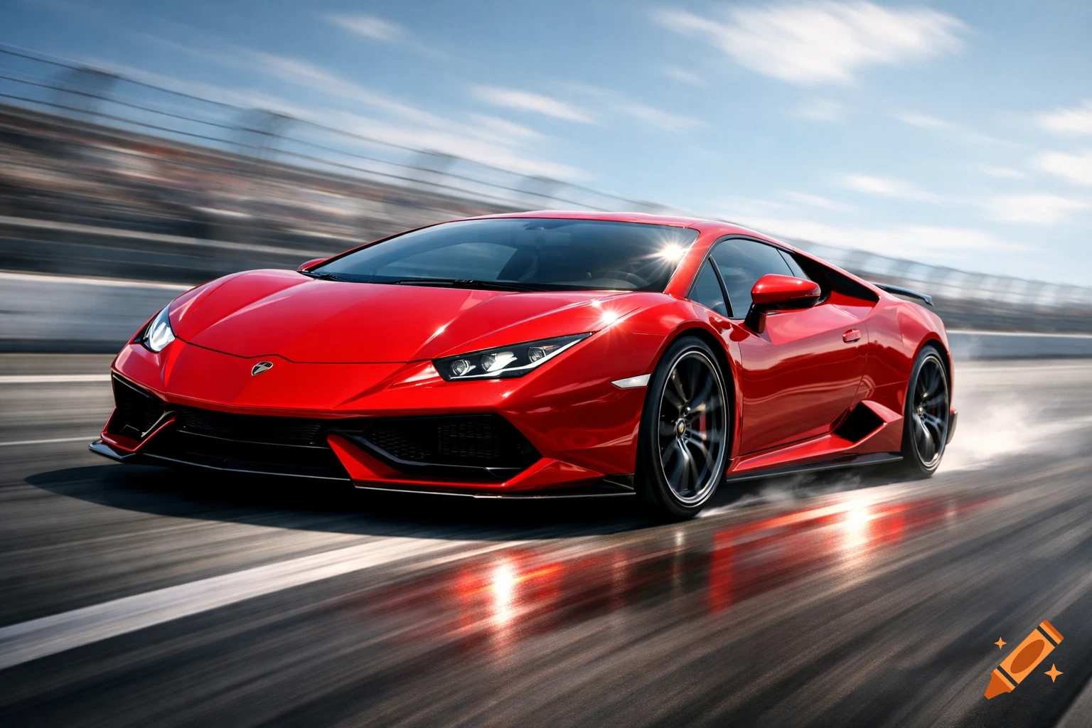 A sleek red sports car speeds down a track, reflections visible on the wet surface, with motion blur in the background.