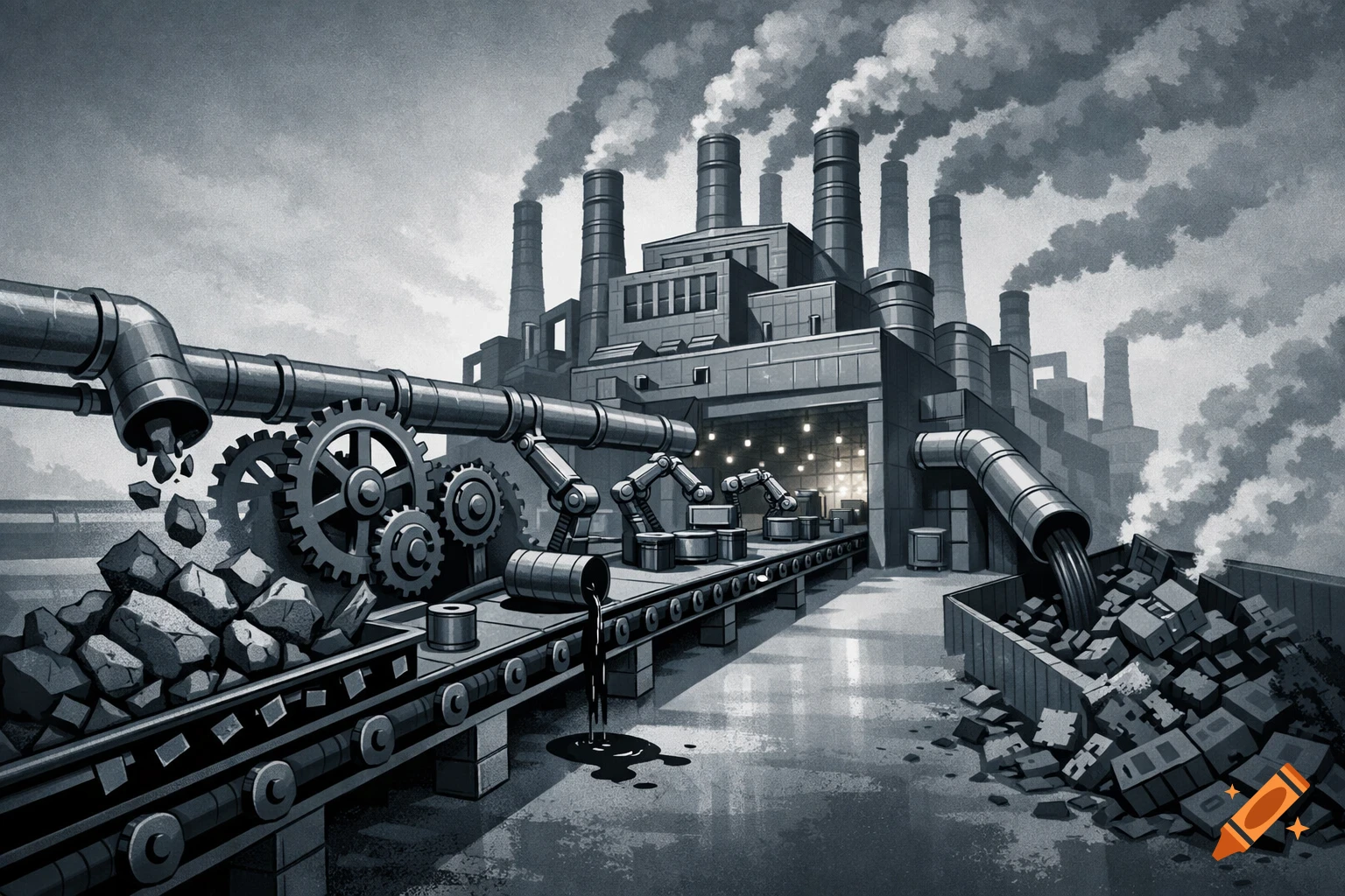 Grayscale illustration of a polluting factory with smokestacks, conveyor belts, and piles of raw materials and waste.