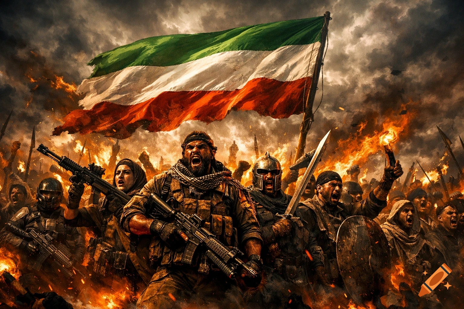 Fierce soldiers with modern rifles, swords, and torches shout under a tattered Iranian flag amidst fire and smoke, in an epic, dramatic scene.