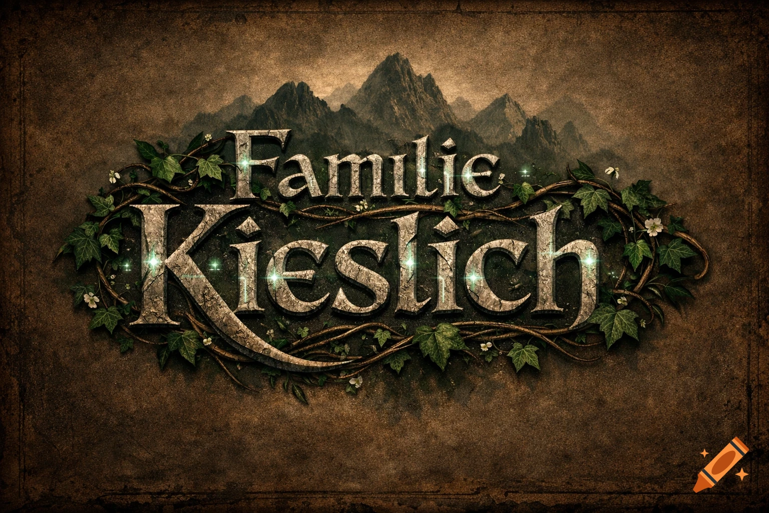 Lord of the Rings style logo with stone-like text 'Familie Kieslich' entwined with ivy, set against mountains on a textured background.