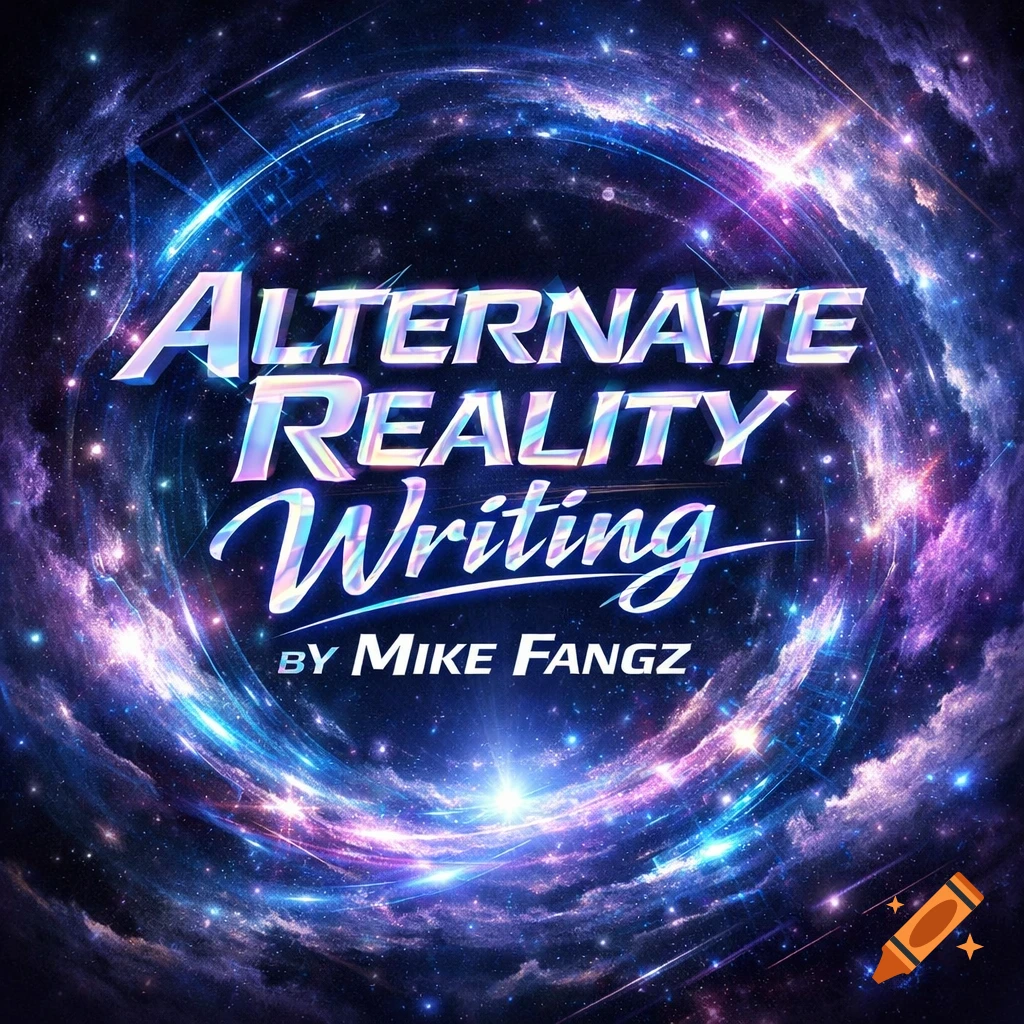 Iridescent metallic text 'ALTERNATE REALITY Writing BY MIKE FANGZ' on a vibrant swirling galaxy background.