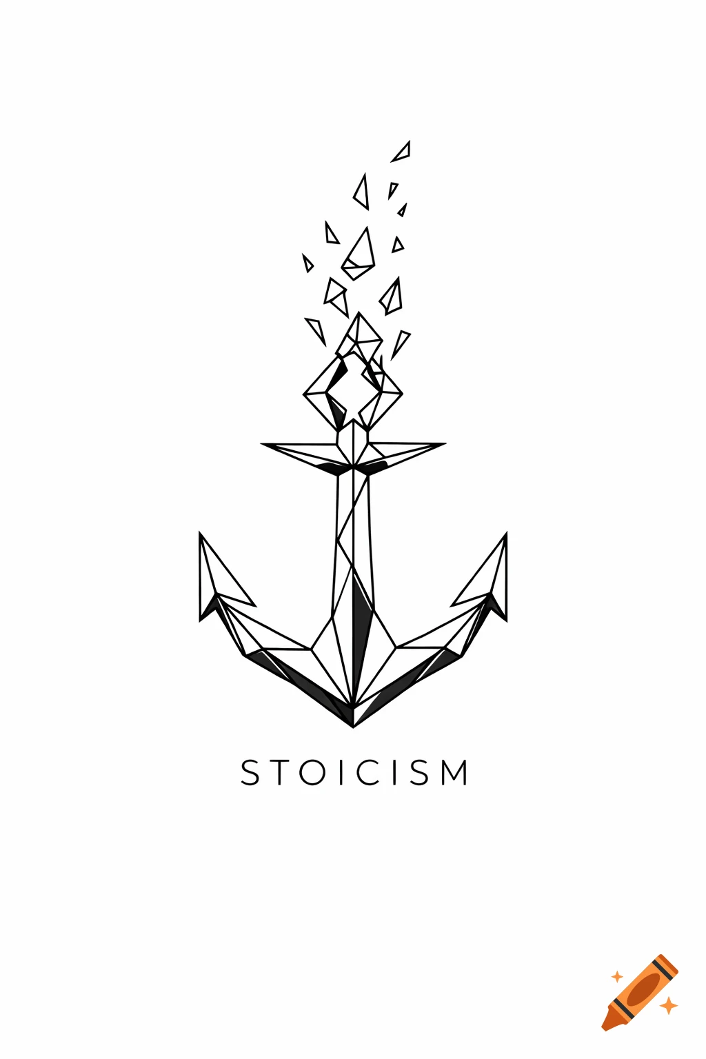 A minimalist black line art geometric anchor, breaking into fragments at the top, with the word STOICISM below on a white background.