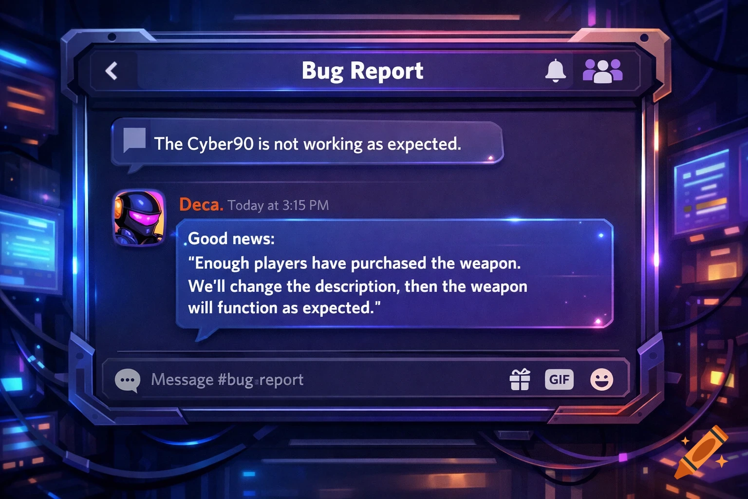 A futuristic dark blue user interface displaying a "Bug Report" chat, showing messages from "Deca" about a weapon description issue.