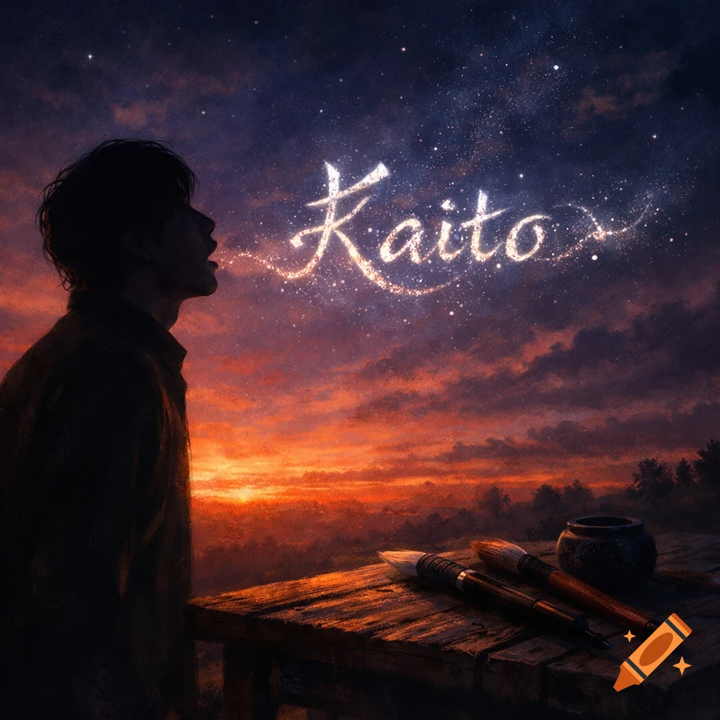 A man in silhouette looking up at a starry night sky with the glowing word "Kaito" formed by stardust emanating from his mouth. A sunset glows on the horizon, and paintbrushes rest on a wooden table.