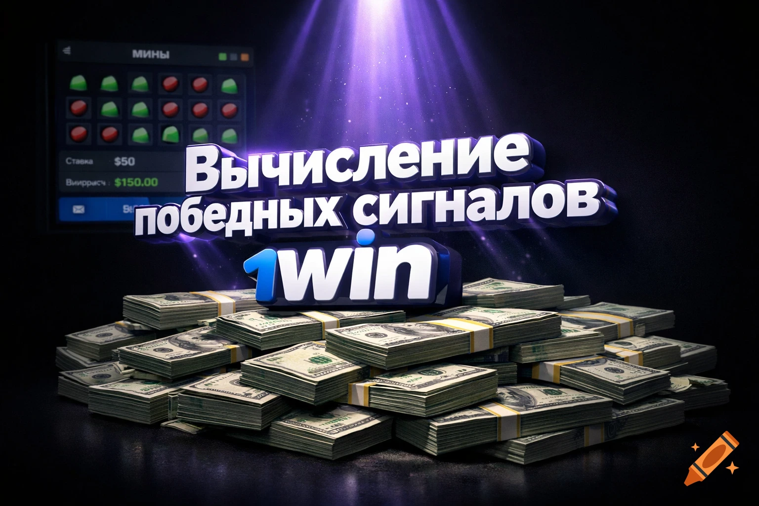 3D text 'Вычисление победных сигналов 1win' illuminated by purple light, resting on stacks of dollar bills, with a game screen in the background.