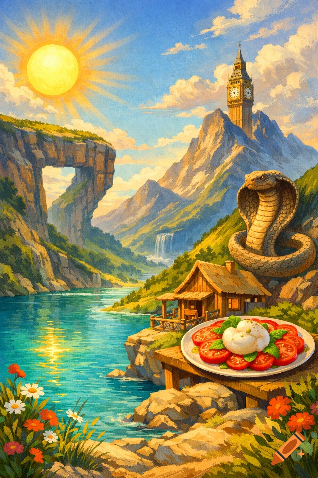 A vibrant, painterly landscape depicting a lake next to a cabin, mountains, Big Ben, a cobra, and a caprese salad, with a prominent sun and a cliff shaped like an 'M'.