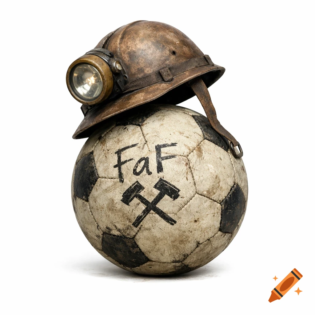 A worn soccer ball with 'FaF' and crossed hammers, topped by a rusty miner's helmet with a headlamp. White background.