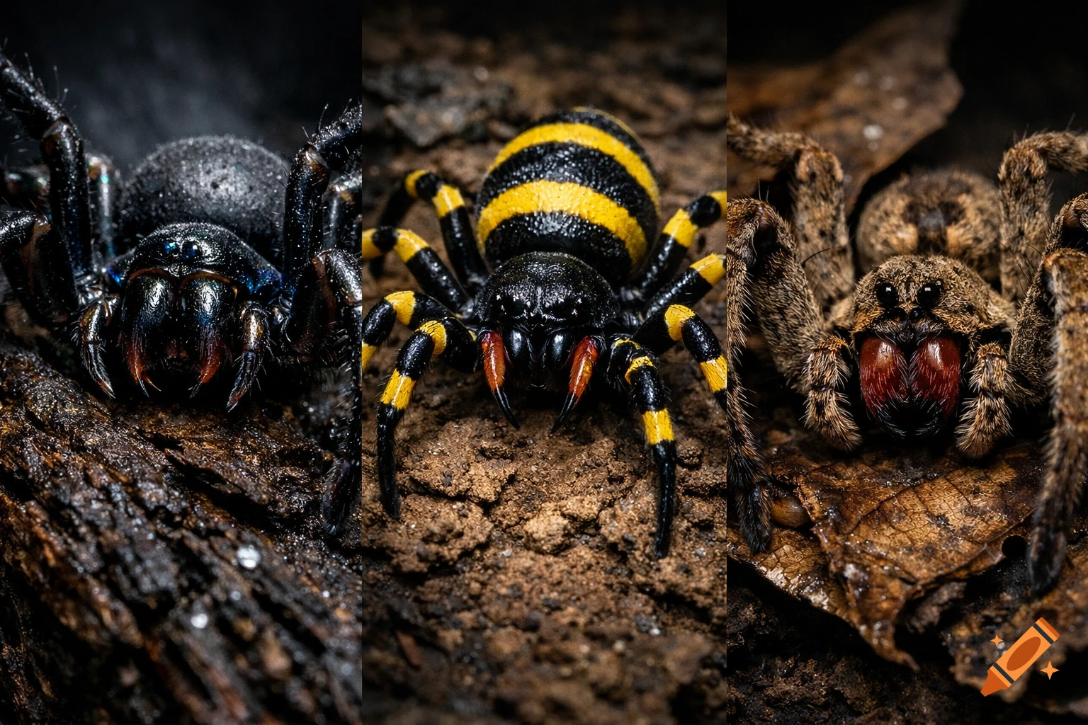 Three distinct spiders in close-up: a black, a striped black and yellow, and a brown hairy spider on natural ground.