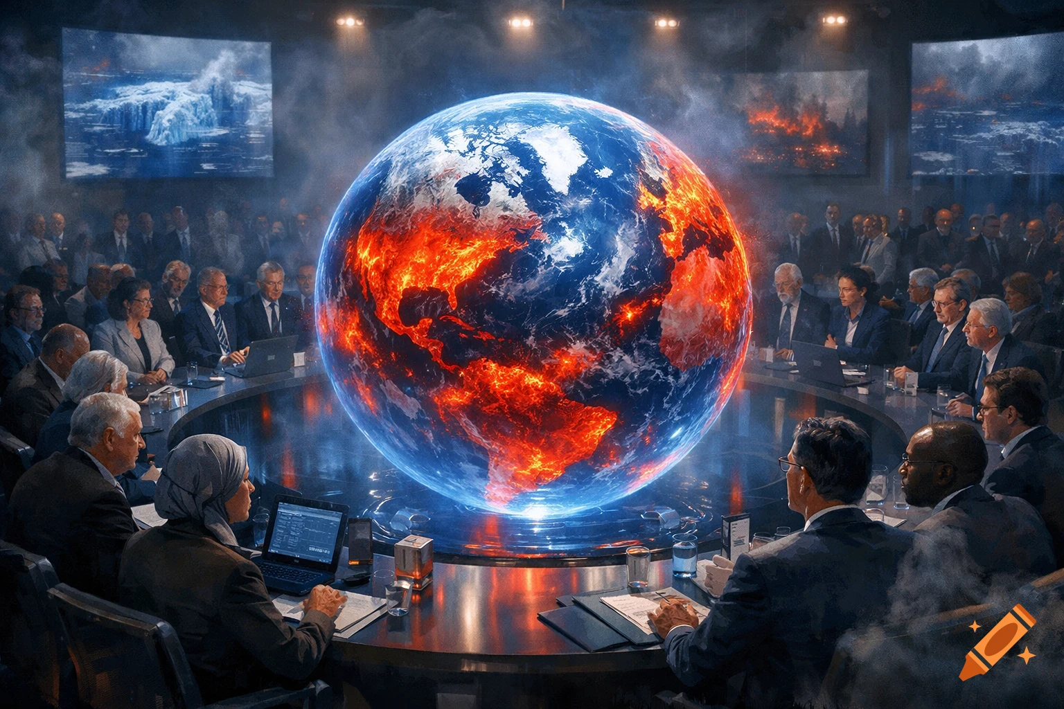 World leaders at a round table observing a glowing Earth burning and freezing, with screens showing icebergs and wildfires. Photorealistic.