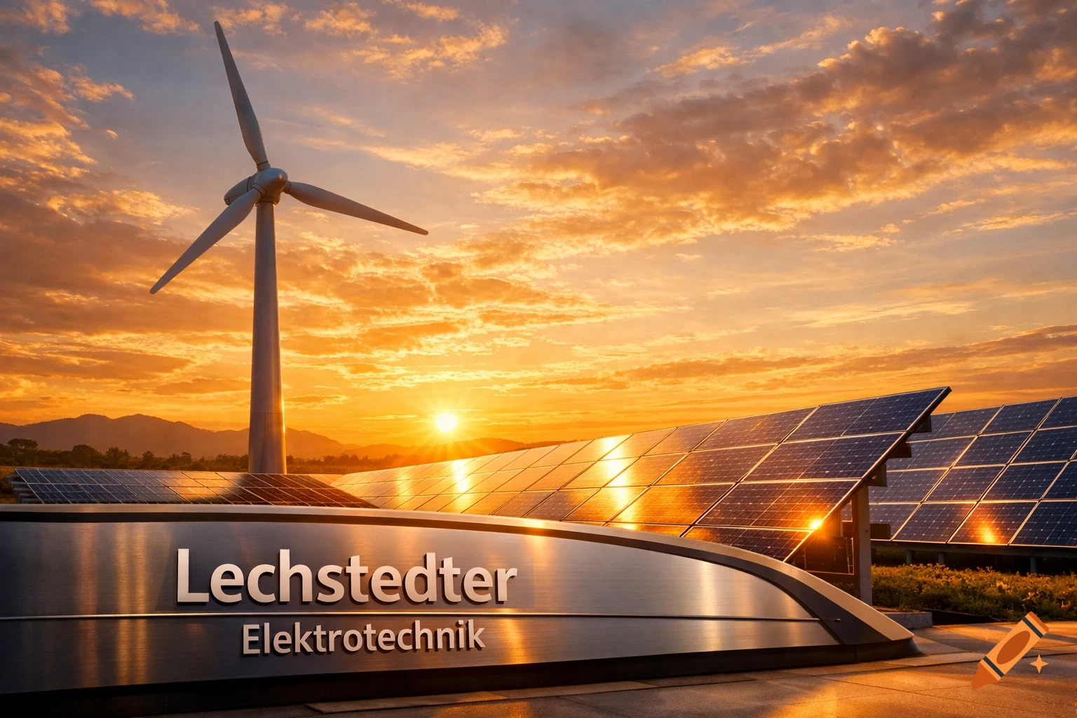 Photorealistic image of a wind turbine and solar panels at sunset, with a sign reading 'Lechstedter Elektrotechnik'.