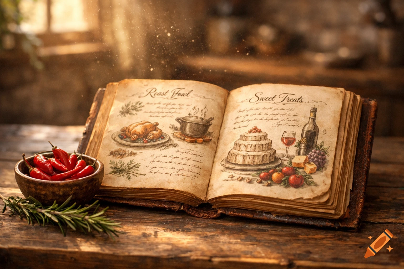 An antique open cookbook displaying illustrations of roast fowl and sweet treats, with fresh red chili peppers and rosemary on a rustic wooden table.