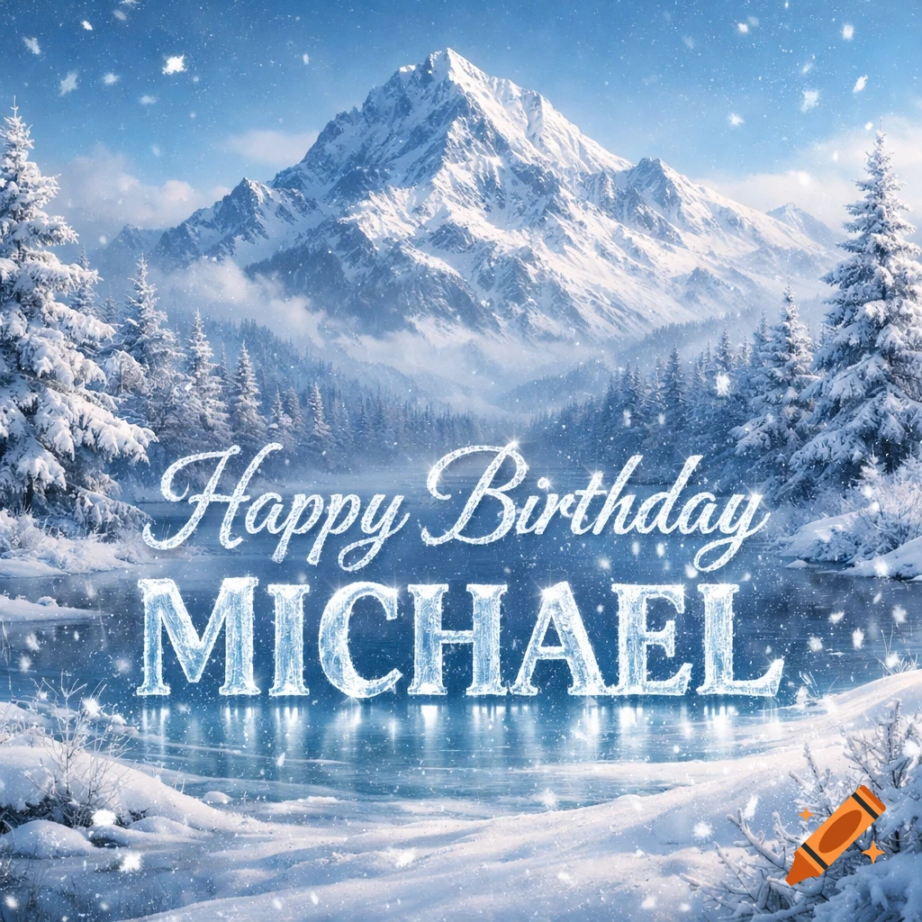 A beautiful winter landscape with snow-covered mountains, pine trees, and a frozen lake, displaying 'Happy Birthday MICHAEL' text.