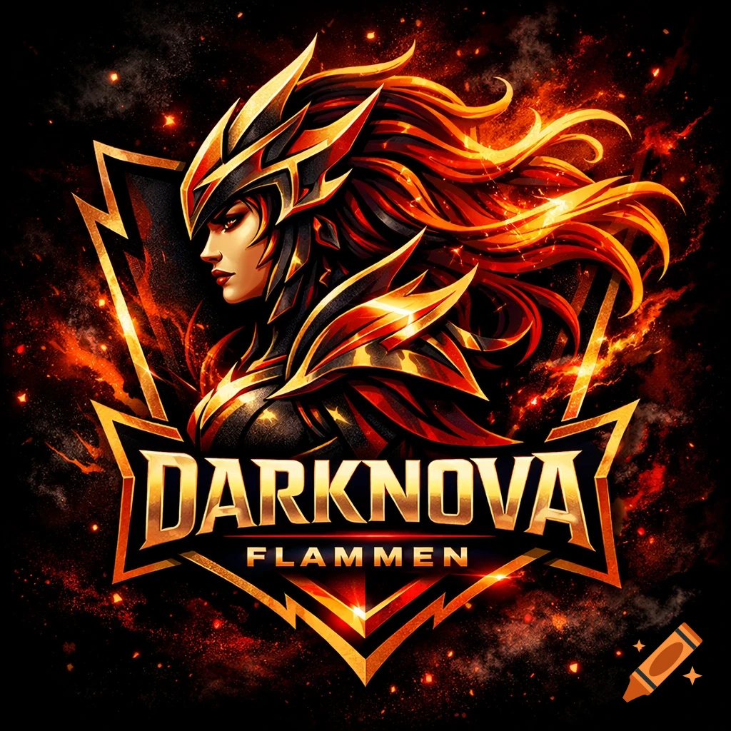 Stylized logo of a female warrior with fiery hair and golden armor, framed by glowing golden elements and text 'DARKNOVA FLAMMEN'.
