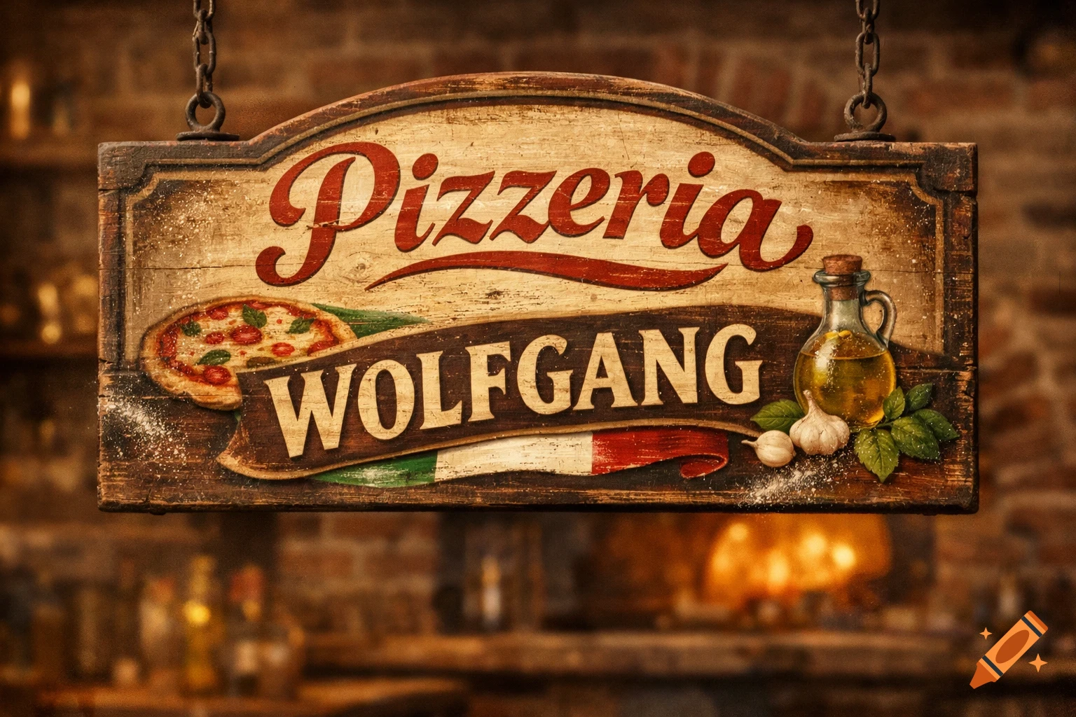 A rustic wooden pizzeria sign for 'Pizzeria Wolfgang' hangs from chains, featuring a pizza slice, olive oil, garlic, and basil. In the background, a warm, blurry interior with a glowing oven is visible.