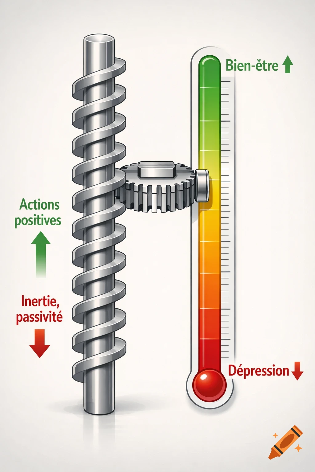 Illustration of a screw and gear mechanism connected to a mood thermometer, showing positive actions increasing well-being and inertia leading to depression.