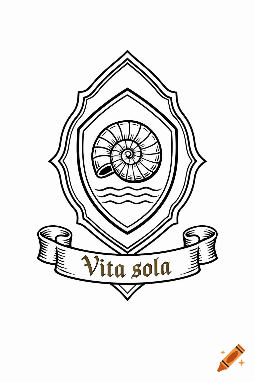 Black and white heraldic coat of arms featuring a shell and waves within a shield, with a ribbon beneath reading 'Vita sola'.