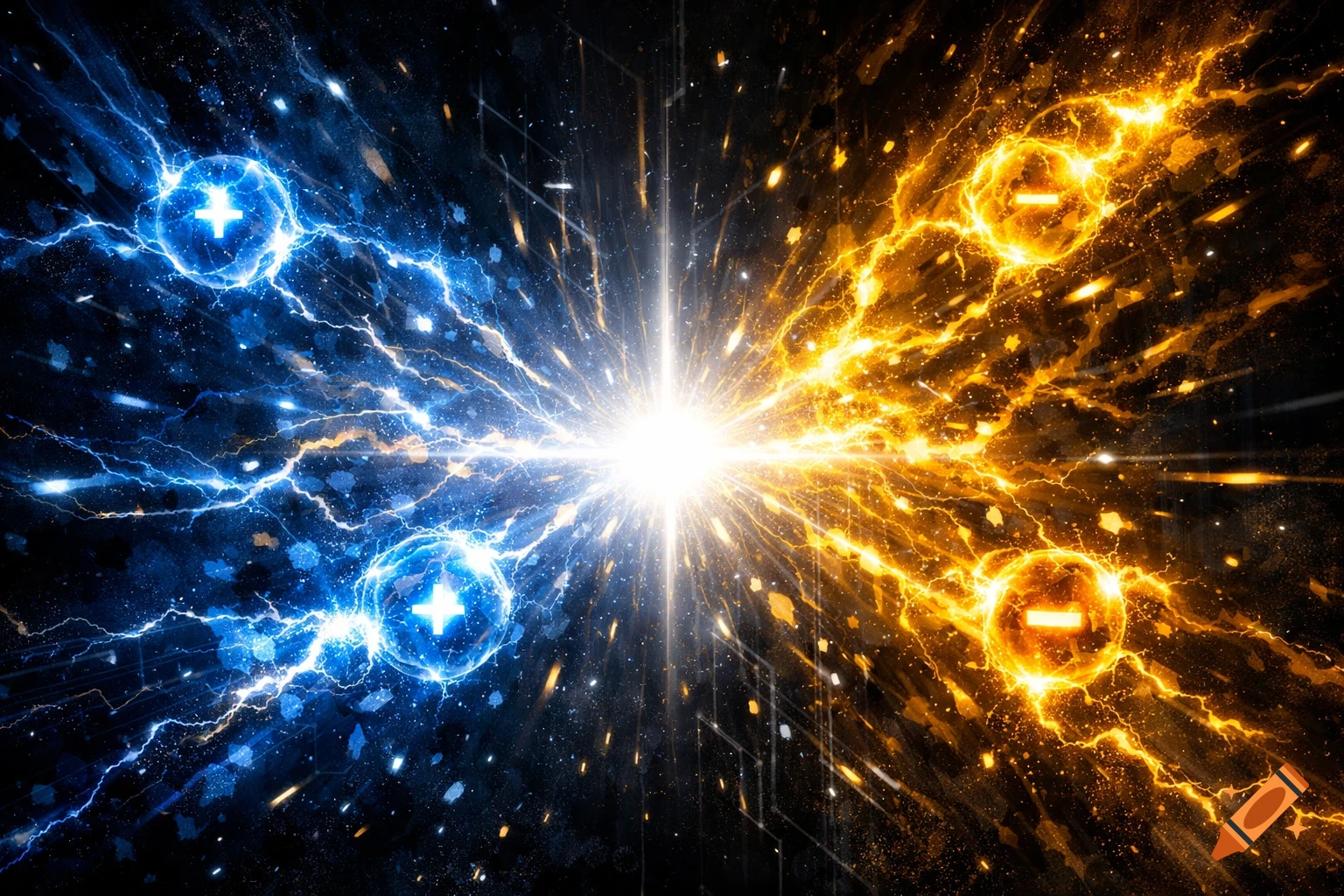 Blue positive and orange negative electrical charges collide in a vibrant, cosmic energy explosion.