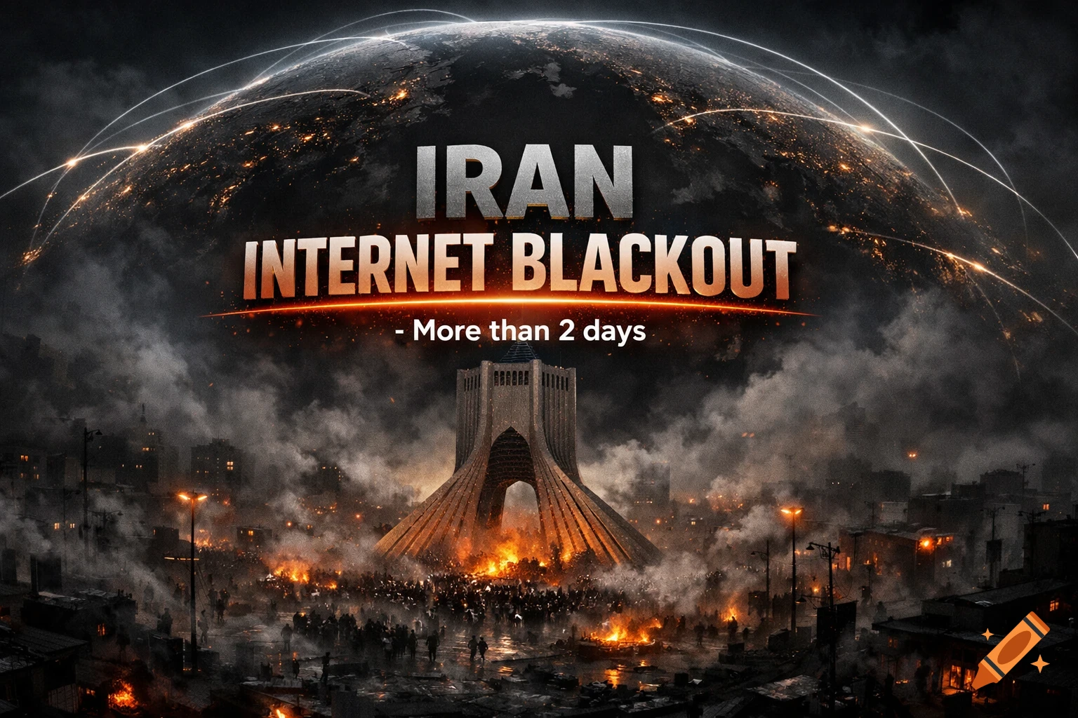 A dark, dramatic image of the earth at night with glowing internet lines, above a burning city with a large crowd protesting around the Azadi Tower, with the text "IRAN INTERNET BLACKOUT - More than 2 days" centrally displayed.