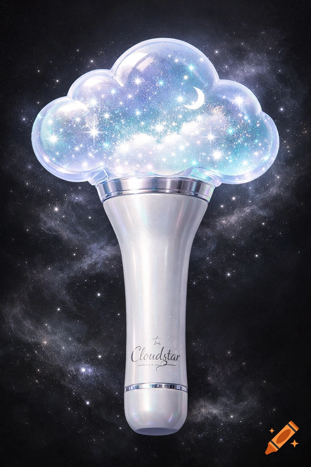 A pearlescent white K-pop lightstick with a clear, glitter-filled cloud and crescent moon top, against a starry night sky. The handle reads 'Cloudstar'.