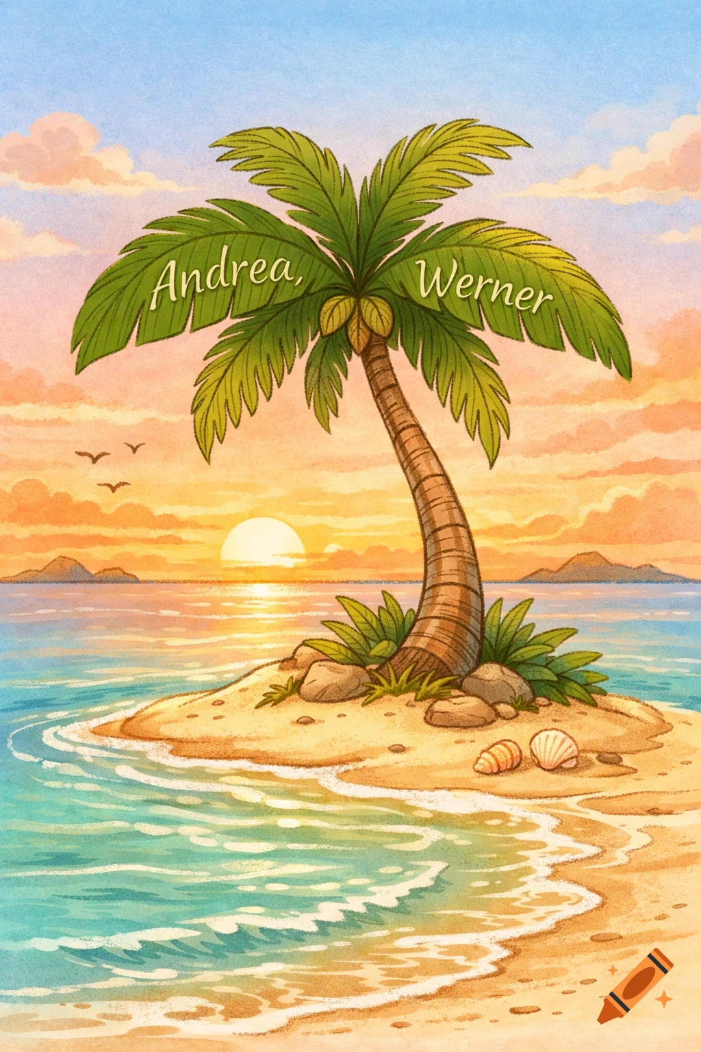 Colorful illustration of a tropical island with a palm tree, featuring the names Andrea and Werner on its leaves, at sunset.