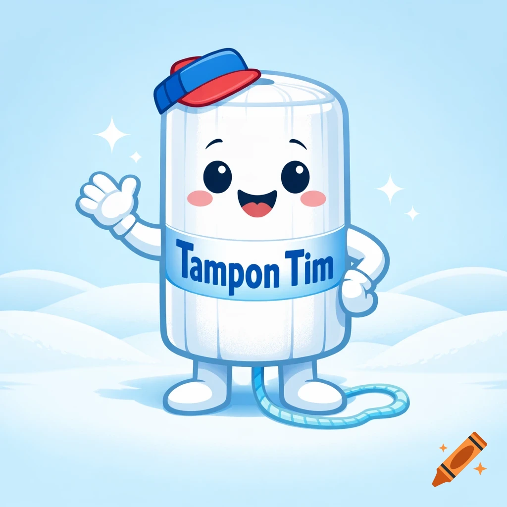 A cheerful cartoon tampon character named Tampon Tim, wearing a cap and waving, standing on a light blue background.
