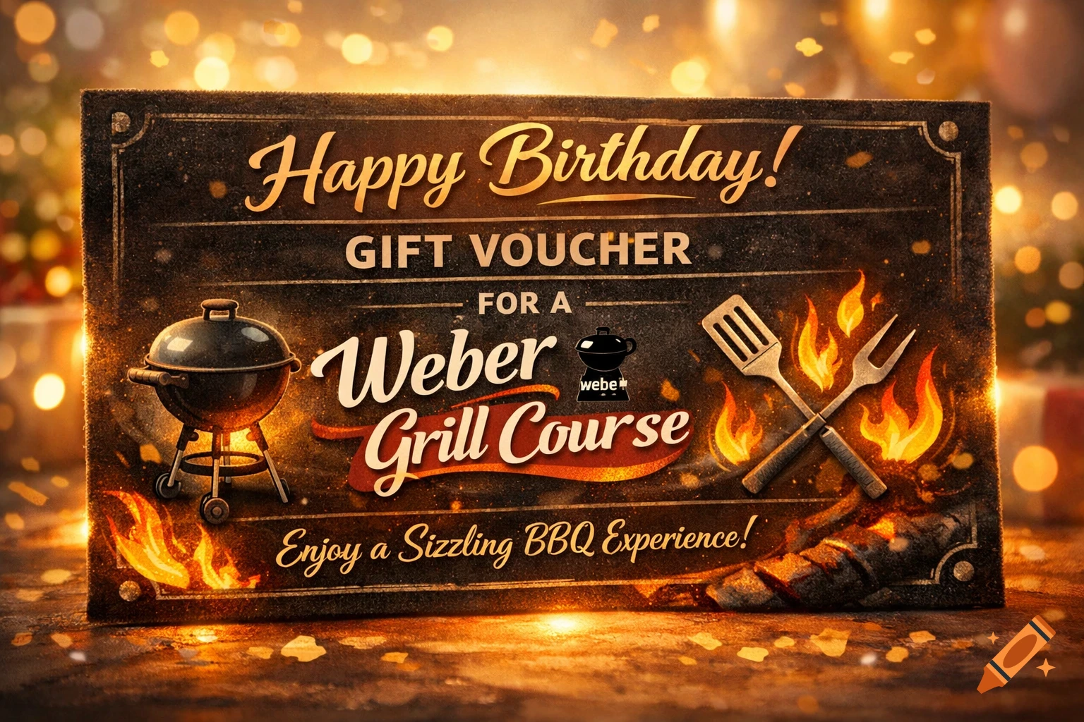 A rustic birthday gift voucher for a Weber Grill Course, featuring a black grill, crossed spatula and fork, and flames against a sparkling gold background.