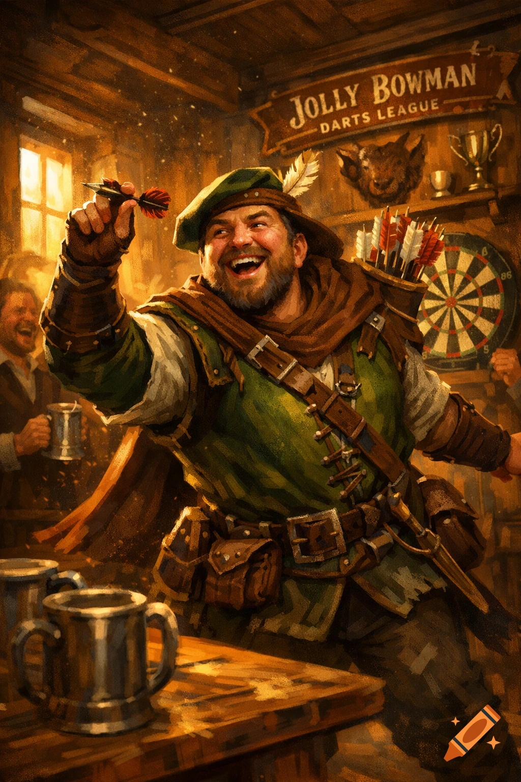 A grinning man in a green fantasy bowman outfit holds a dart in a warm pub, with a 'Jolly Bowman Darts League' sign and a dartboard.