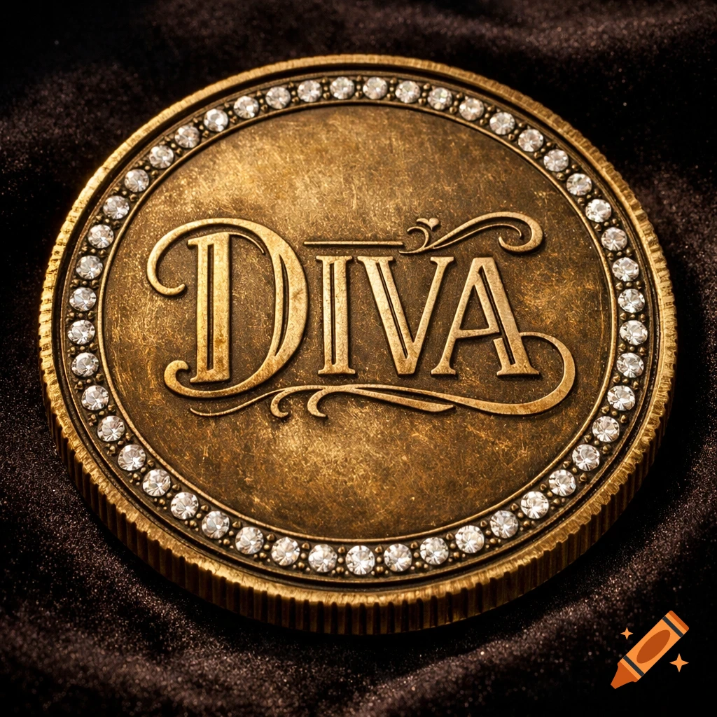 Antique brass coin with ornate 'DIVA' text, encircled by sparkling diamonds, on dark fabric.