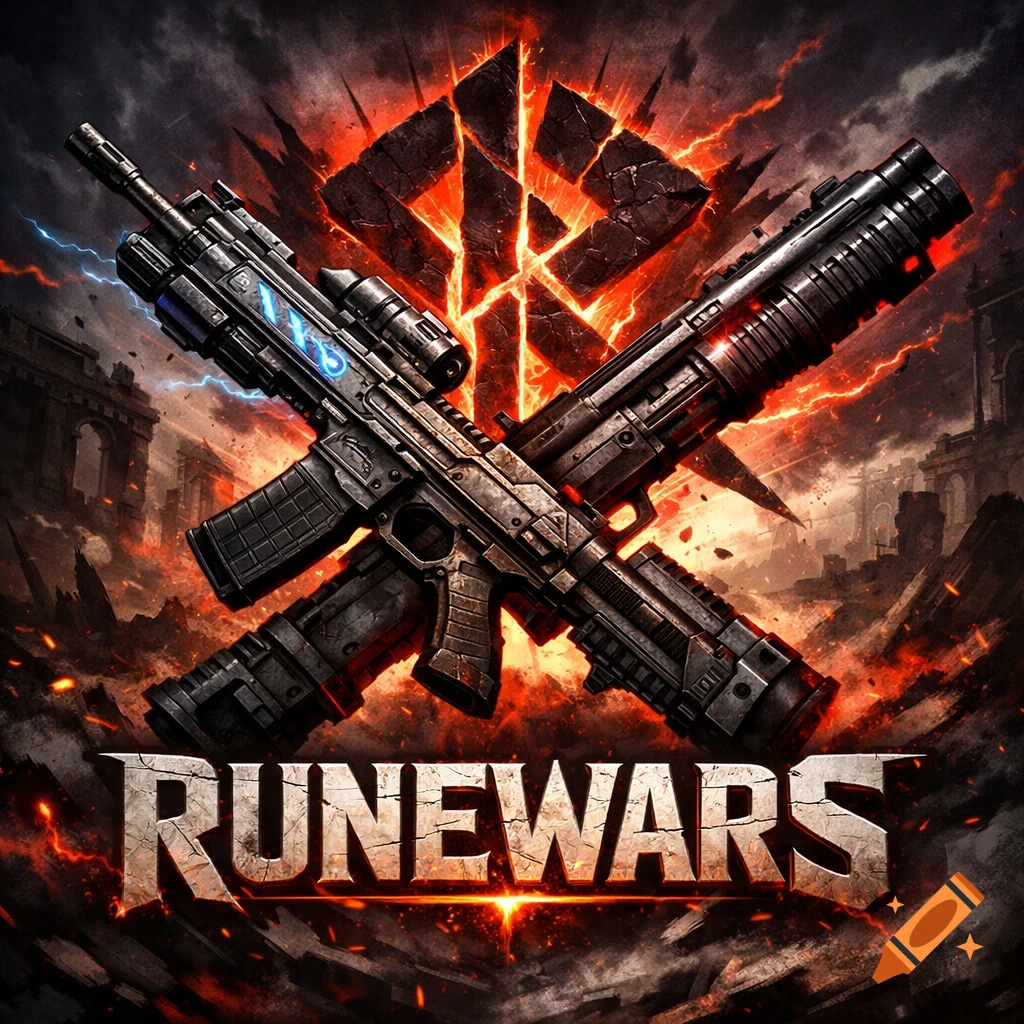 Two stylized guns, one with blue lightning, crossed over a fiery, cracked symbol with 'RUNEWARS' text, in a dark, apocalyptic setting.