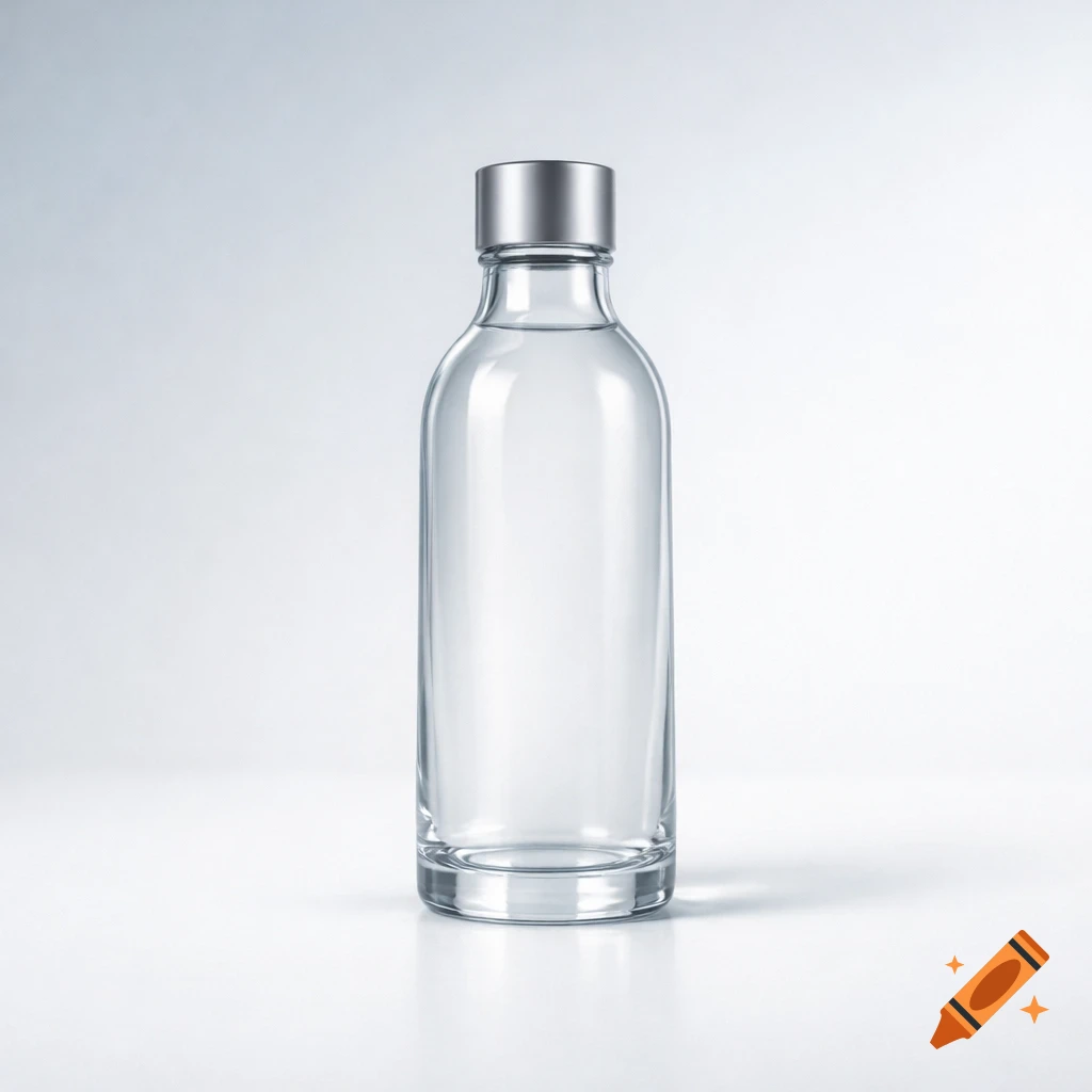 A clear glass bottle with a silver cap, filled with clear liquid, standing on a reflective white surface against a light gray background.