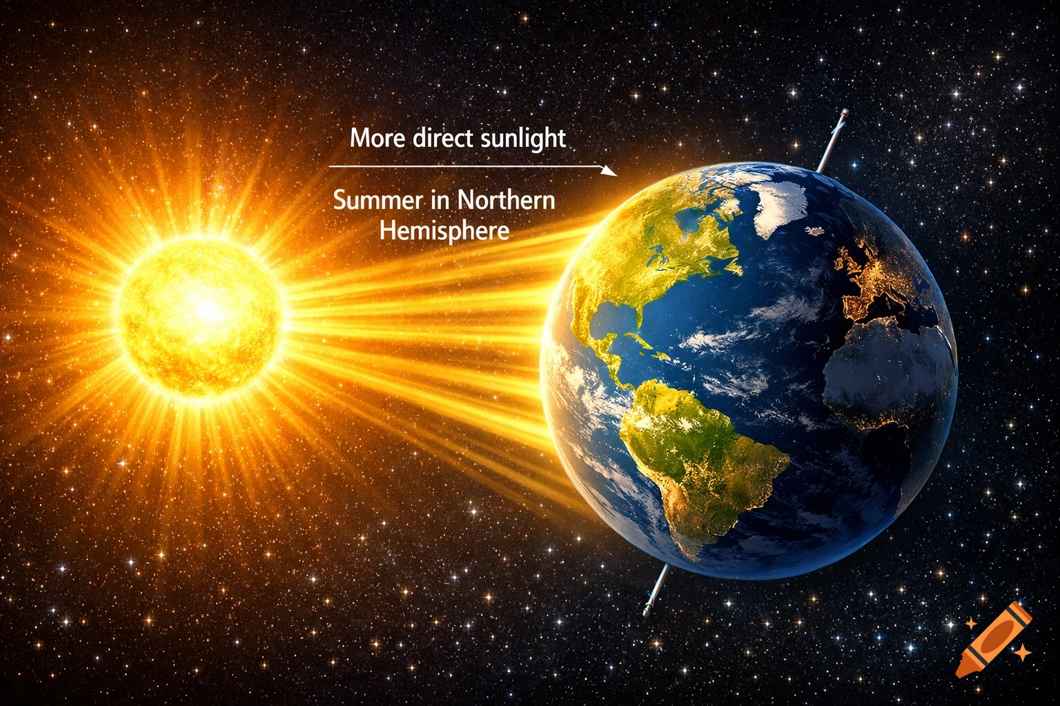 An illustration showing the Sun on the left and the Earth tilted towards it, with labels indicating "More direct sunlight" and "Summer in Northern Hemisphere" on the Earth's top half.