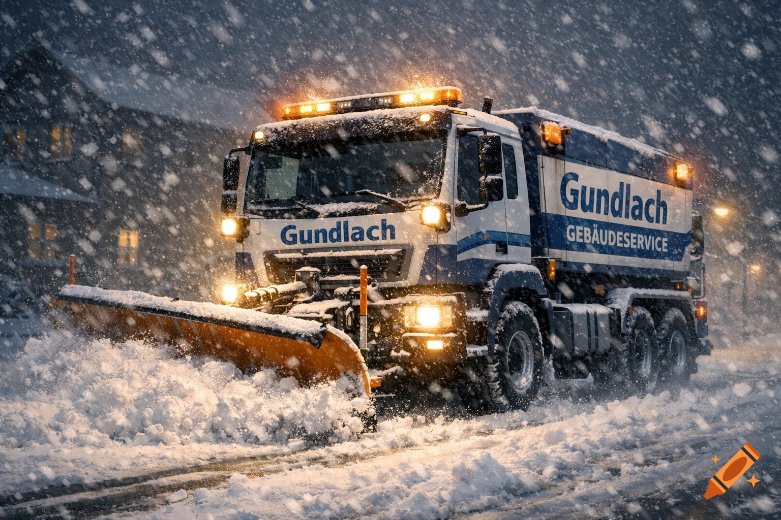 A snow plow truck with "Gundlach Gebäudeservice" written on its side, clearing snow on a street during a heavy snowstorm at dusk.