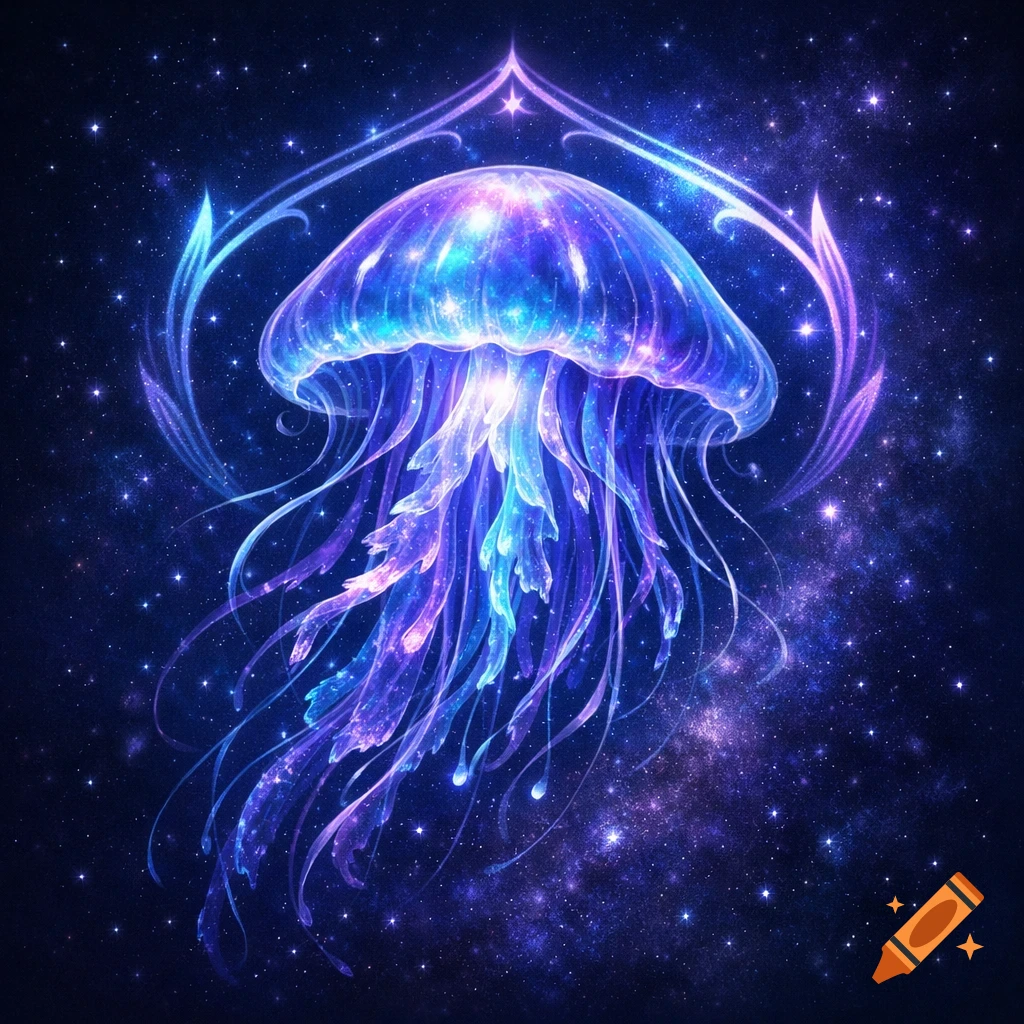 A vibrant, glowing blue and purple jellyfish floats in a cosmic, star-filled deep blue background, surrounded by ethereal light trails.