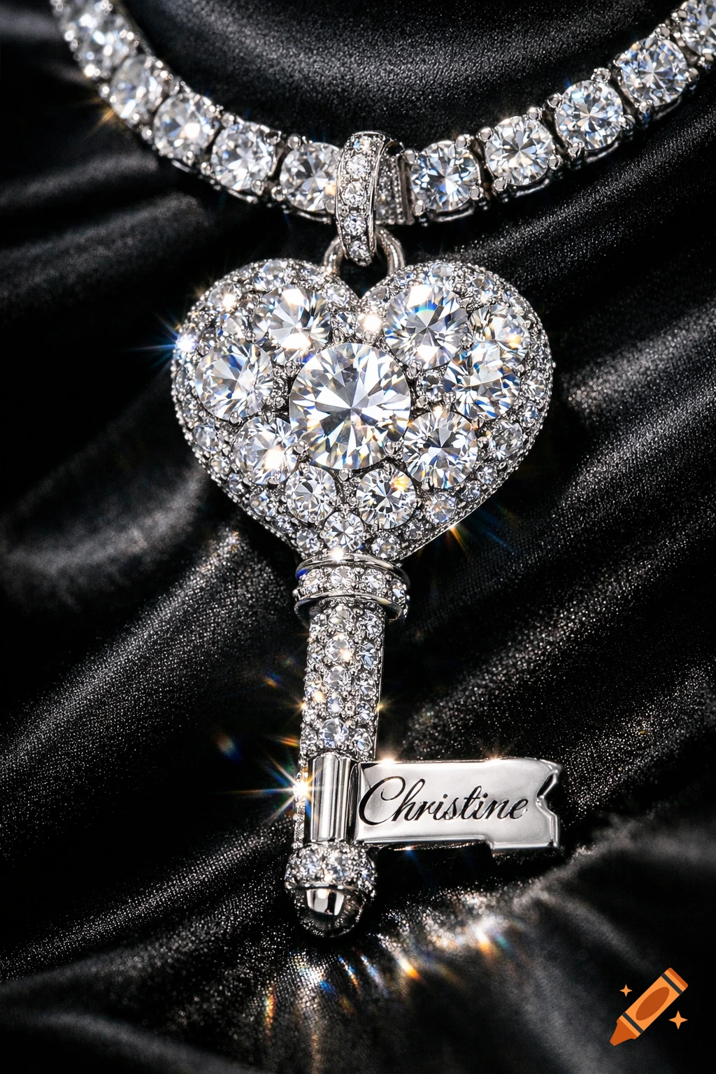 Dazzling diamond tennis necklace with a large heart-shaped diamond key pendant engraved with "Christine" on a dark silk background.