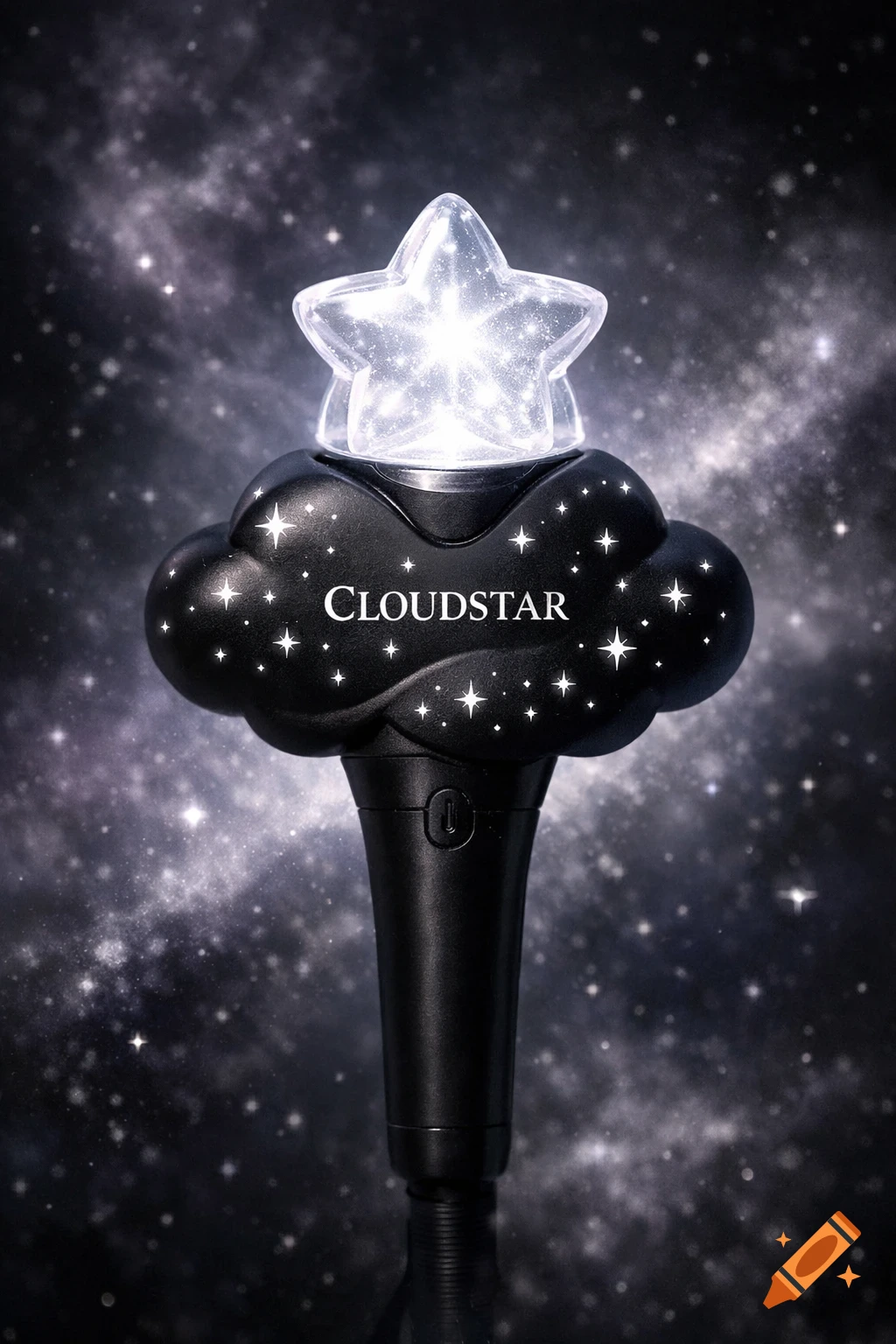 A black cloud-shaped Kpop lightstick with a glowing white star top, displaying "CLOUDSTAR" against a starry night sky.