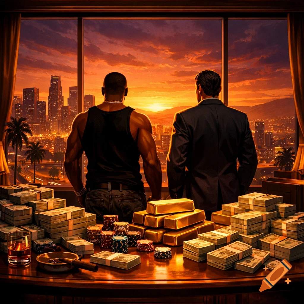 Two men stand with their backs to a panoramic window, overlooking a city at sunset, with a table full of cash, gold bars, and casino chips.