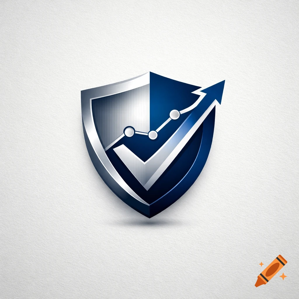 Metallic shield logo with silver and blue halves, featuring an ascending line graph, an upward arrow, and a checkmark.