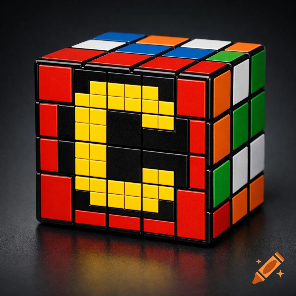 A colorful Rubik's cube on a dark background, with yellow squares forming the letter 'C' on one red face.