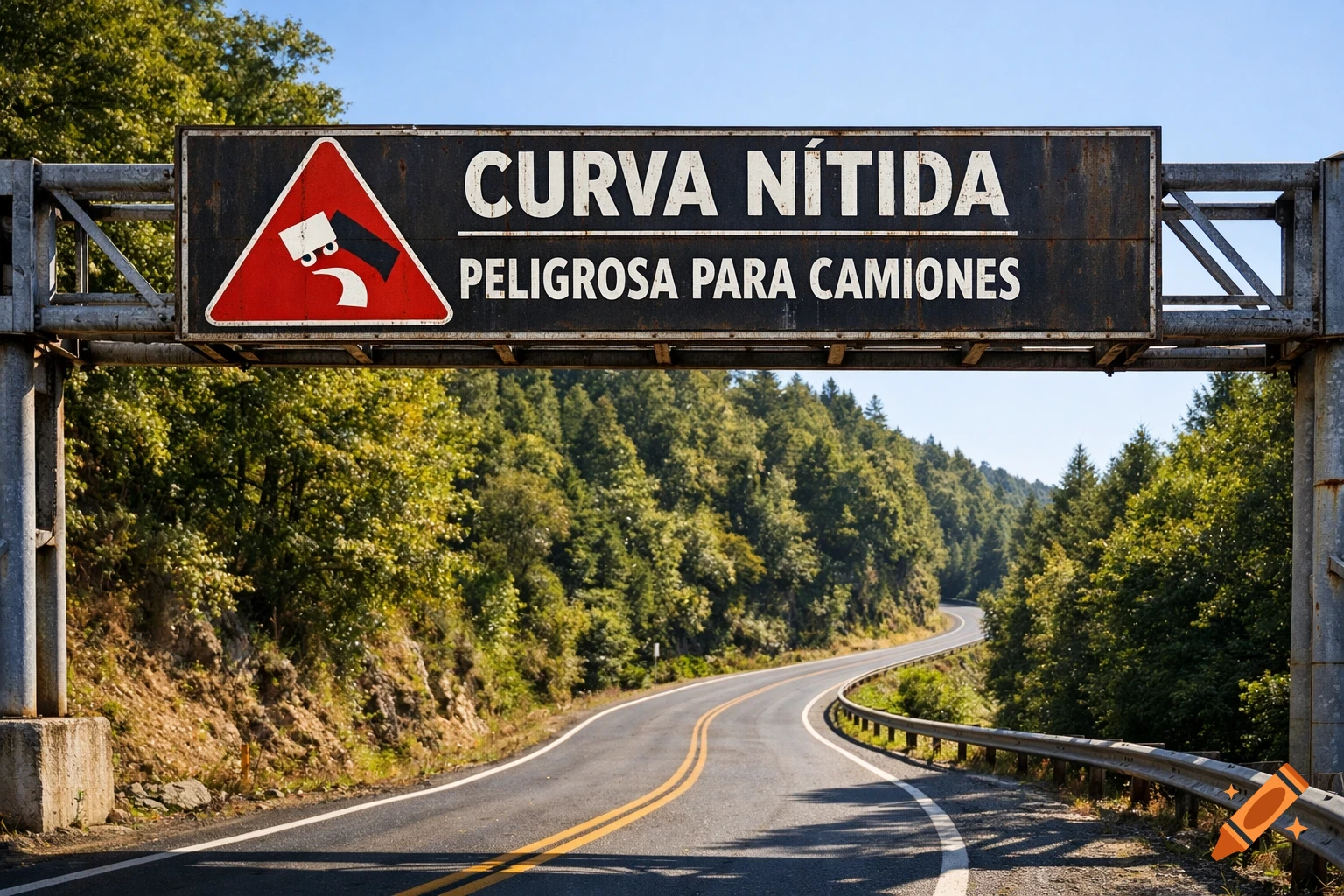 A photorealistic image of a winding mountain road with a gantry sign reading "CURVA NÍTIDA PELIGROSA PARA CAMIONES" over it.