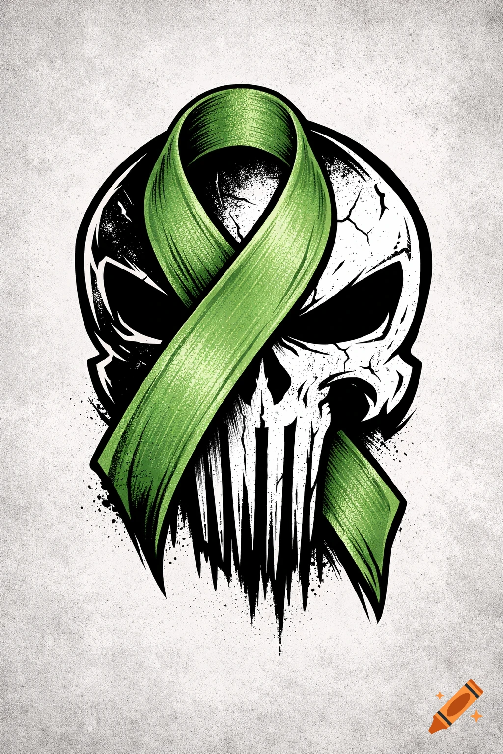 A stylized Punisher-like skull with a green awareness ribbon wrapped around it, in a tattoo art style.