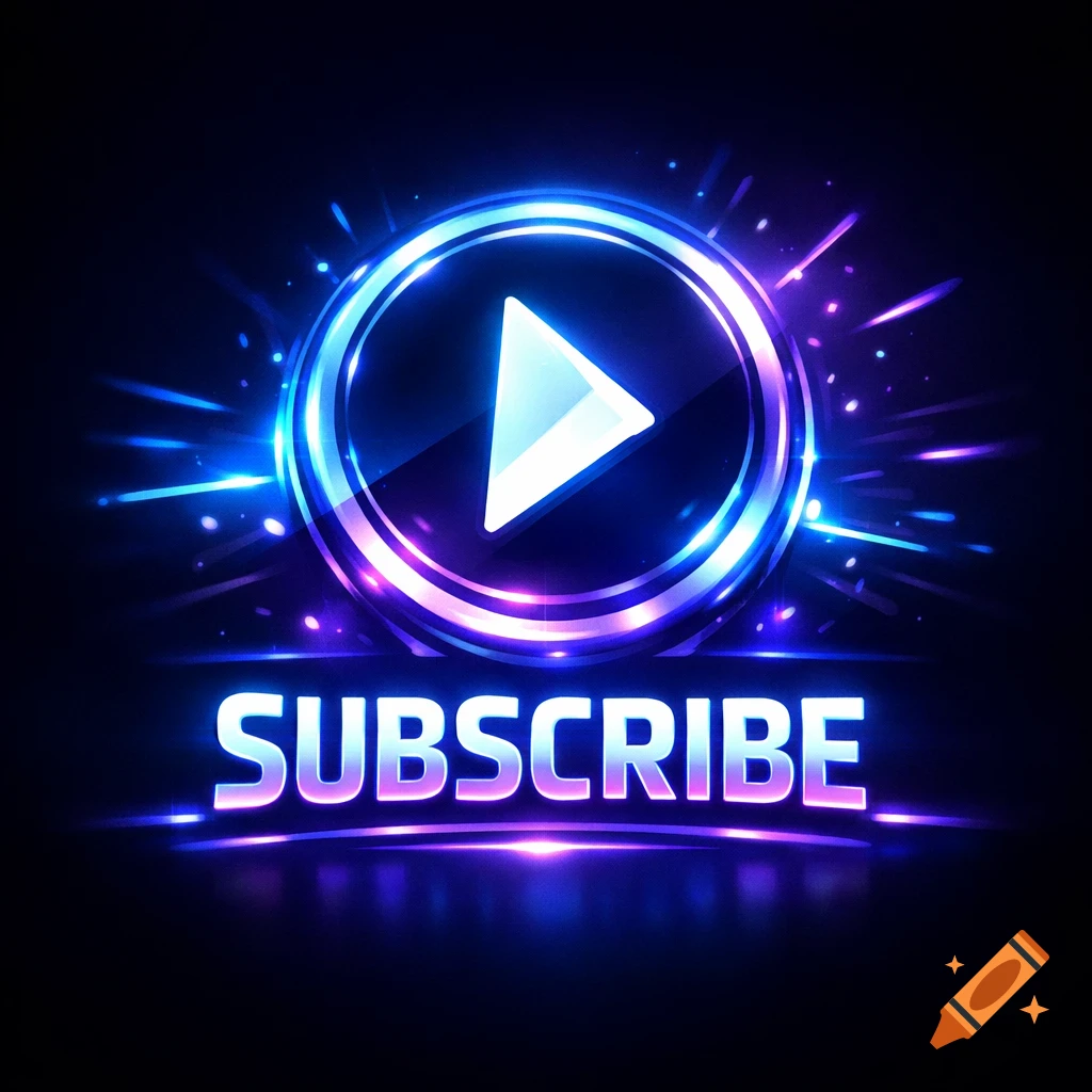 A vibrant, neon blue and purple glowing play button icon with a circular outline above the word SUBSCRIBE on a dark background.