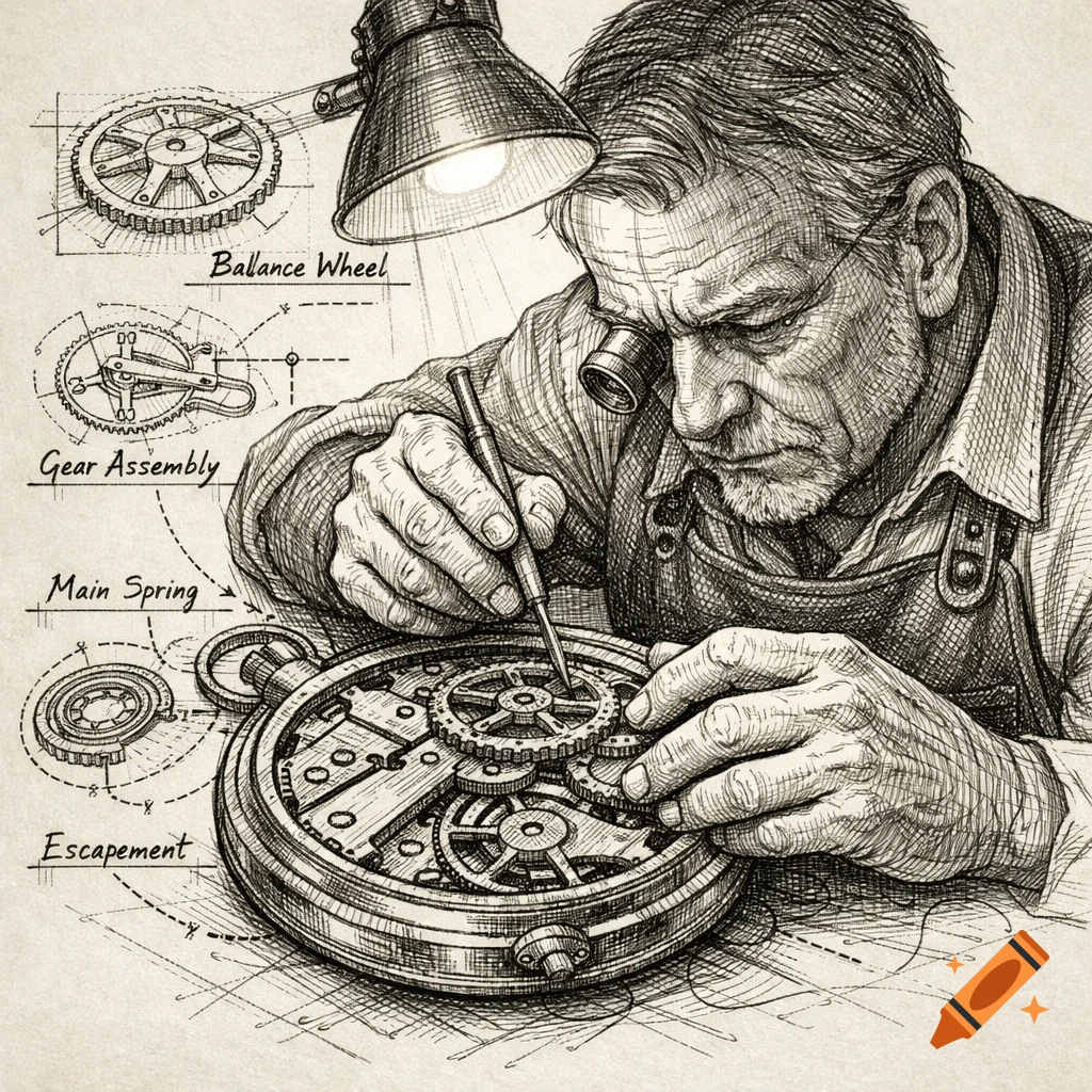 Detailed cross-hatch illustration of a watchmaker working on a pocket watch, with labeled diagrams of watch components.