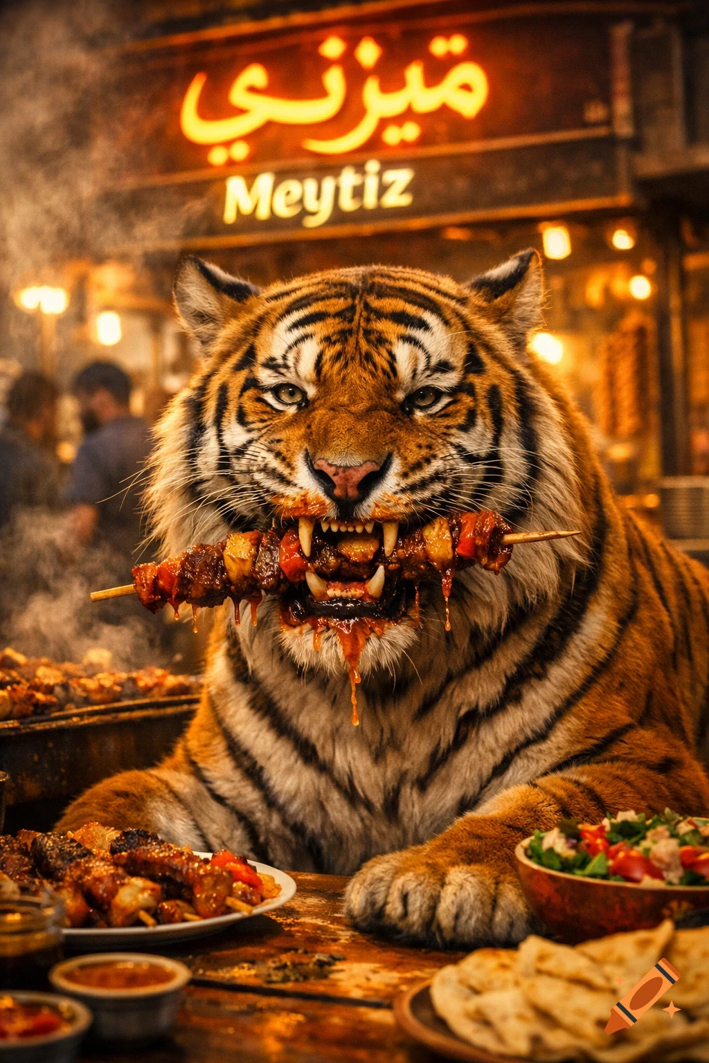 A photorealistic tiger eats a kebab skewer with its mouth open, dripping sauce, at a street food stall under a neon sign that reads "Meytiz".