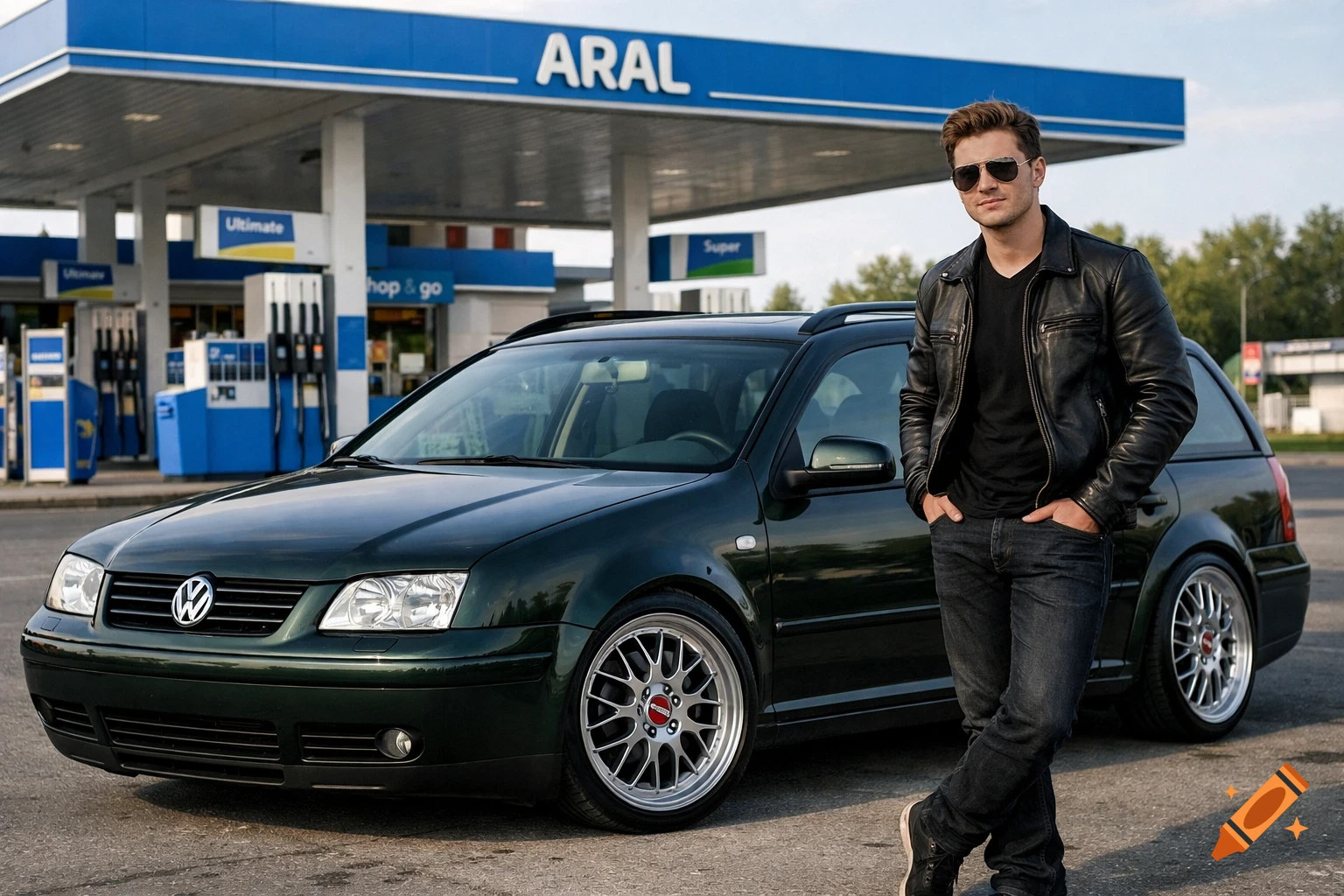 A man in a black leather jacket and sunglasses stands next to a dark green Volkswagen car at an Aral gas station. Photorealistic.