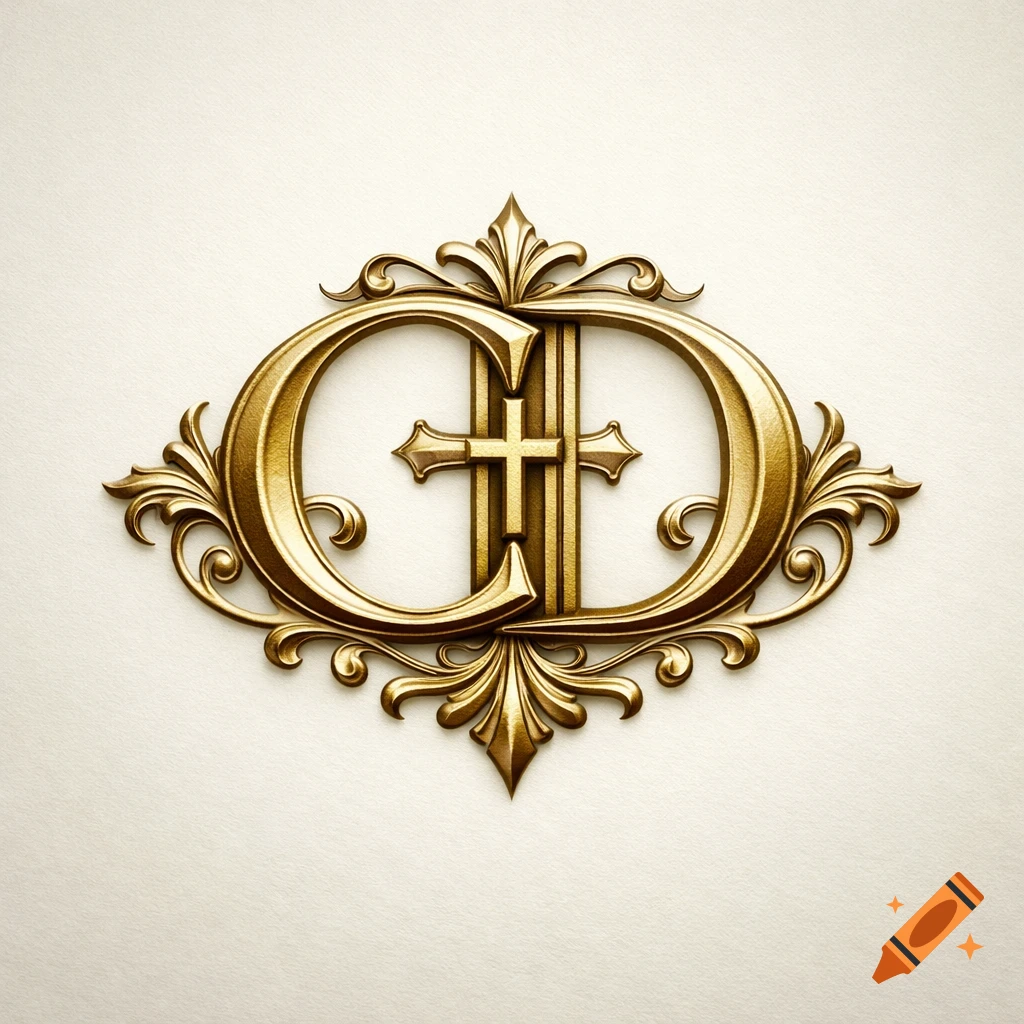 Ornate golden monogram logo featuring intertwined letters C and D with a Christian cross in the center, on a cream background.