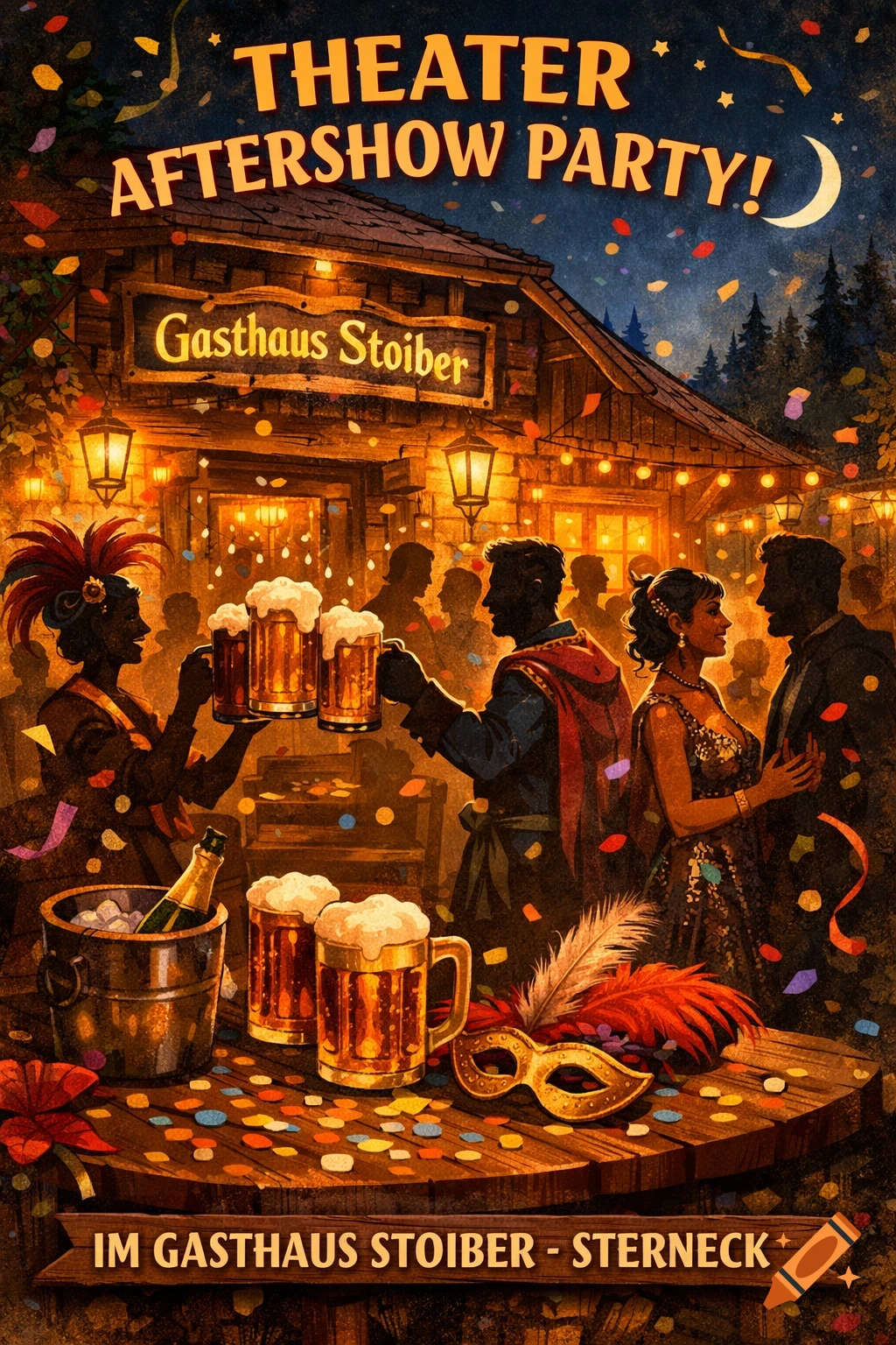 A vibrant illustration of a Theater Aftershow Party at Gasthaus Stoiber, with people celebrating, drinking beer, and confetti under a starry night sky.