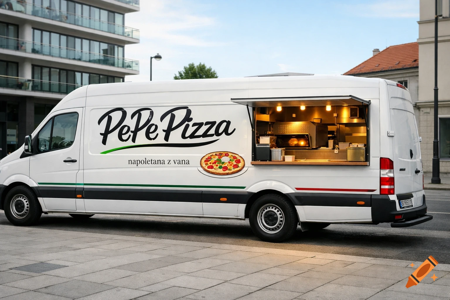 A white Mercedes Sprinter 'PePe Pizza' food truck on a city street, serving window open with warm interior light. Photorealistic.
